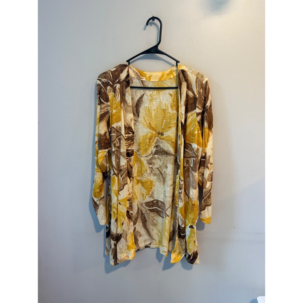Denim & Co Womens 1XP Yellow Brown Floral Open Front Cardigan Lightweight Knit